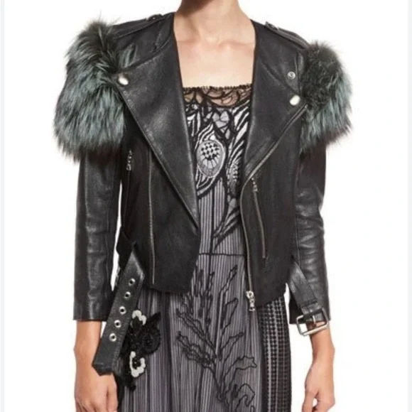 Marc Jacob’s Black Leather moto Jacket with real fox Fur Accents - Picture 1 of 10